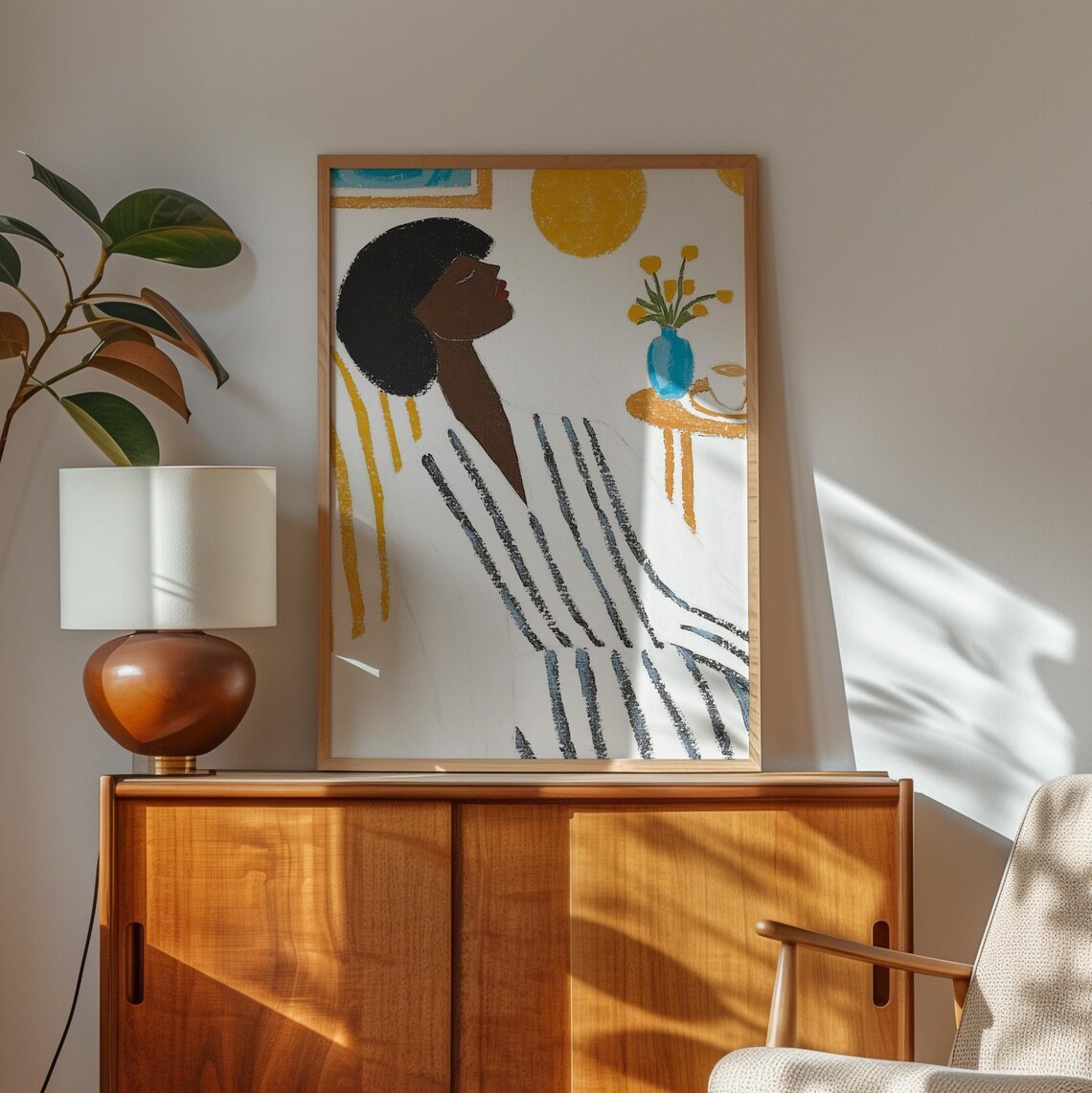Woman Profile In Striped Robe With Golden Sun And Flowers Poster - Image 4