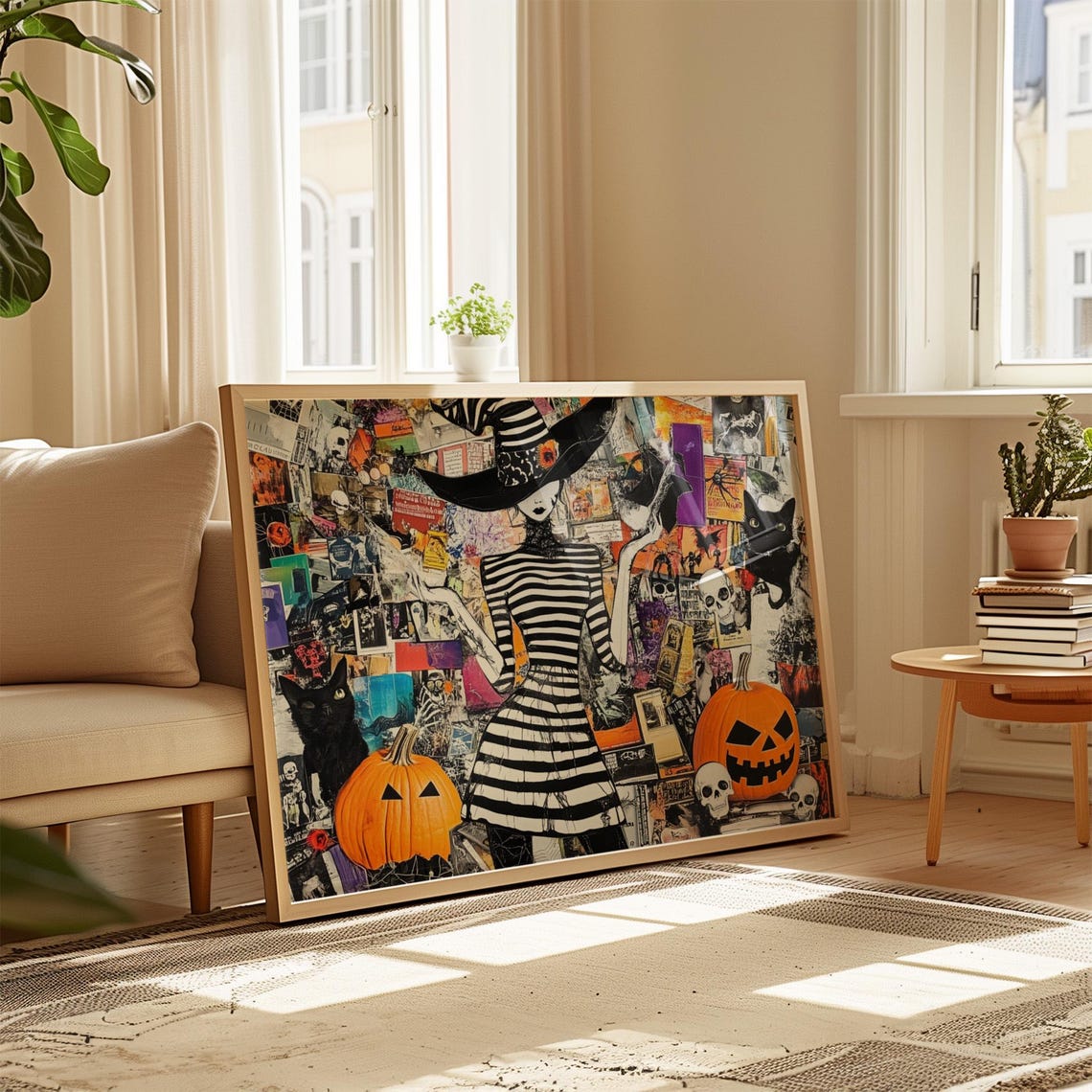 Striped Witch Halloween Collage With Black Cats Pumpkins Poster - Image 4