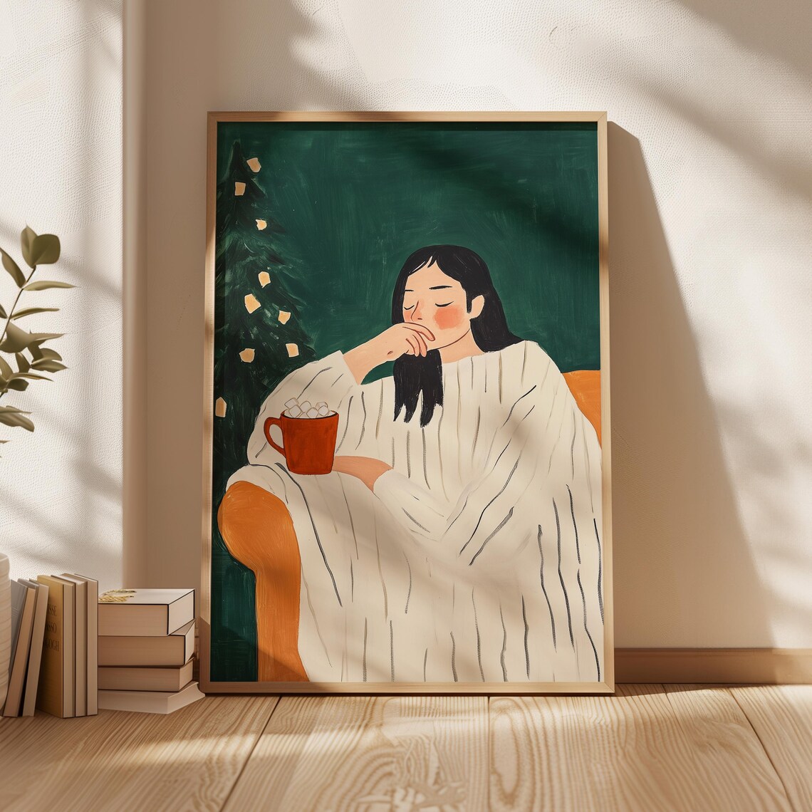 Woman in a White Robe Drinking Hot Cocoa by the Christmas Tree Poster