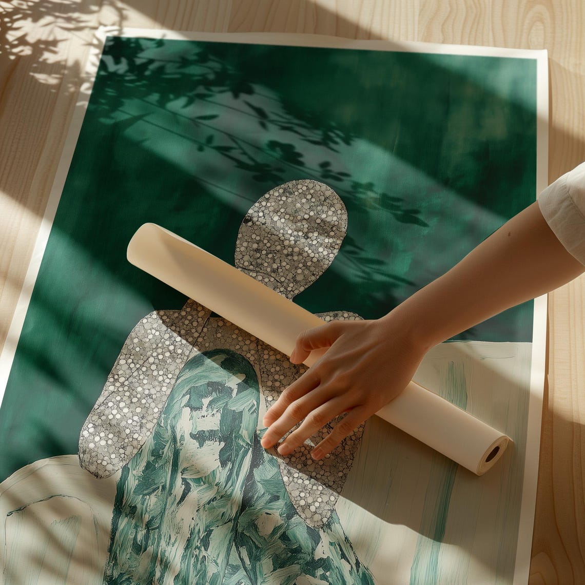 Textured Dotted Figure Resting Its Head on a Green Ground Poster - Image 3