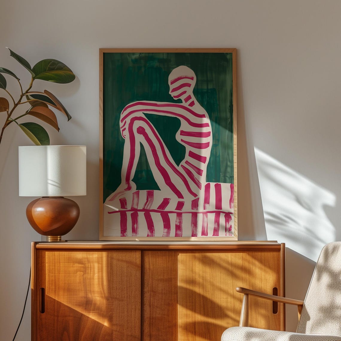 Emerald Green Abstract Seated Figure Pink Stripes Modern Wall Art - Image 2