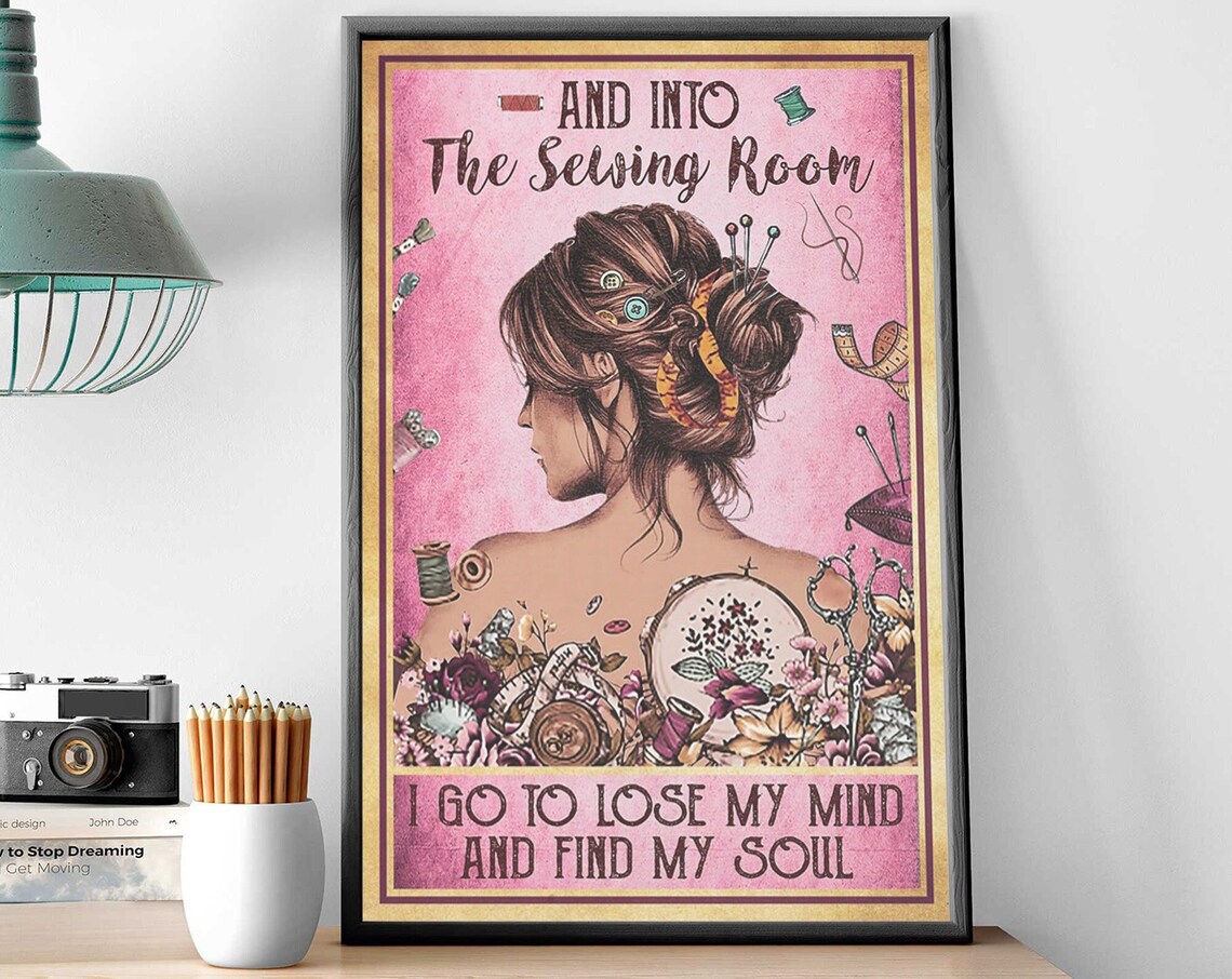 Floral Sewing Girl Art Print, Sewing Room Decor