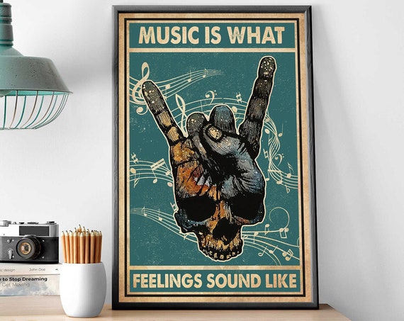 Skull Music Poster Music Is What Feelings Sound Like Print Music Gift Idea Music Room Wall Hanging Vintage Music Poster Music Retro Art