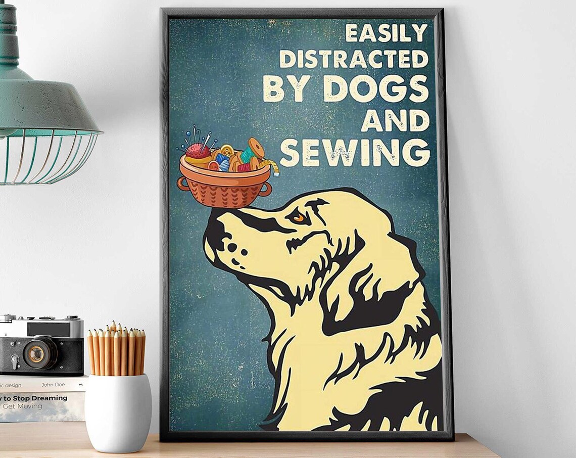 Knitting With Dog, Vintage Sewing Poster Art Print