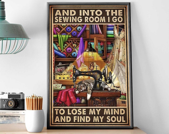 Sewing Machine and Cat Poster, Sewing Room Decor