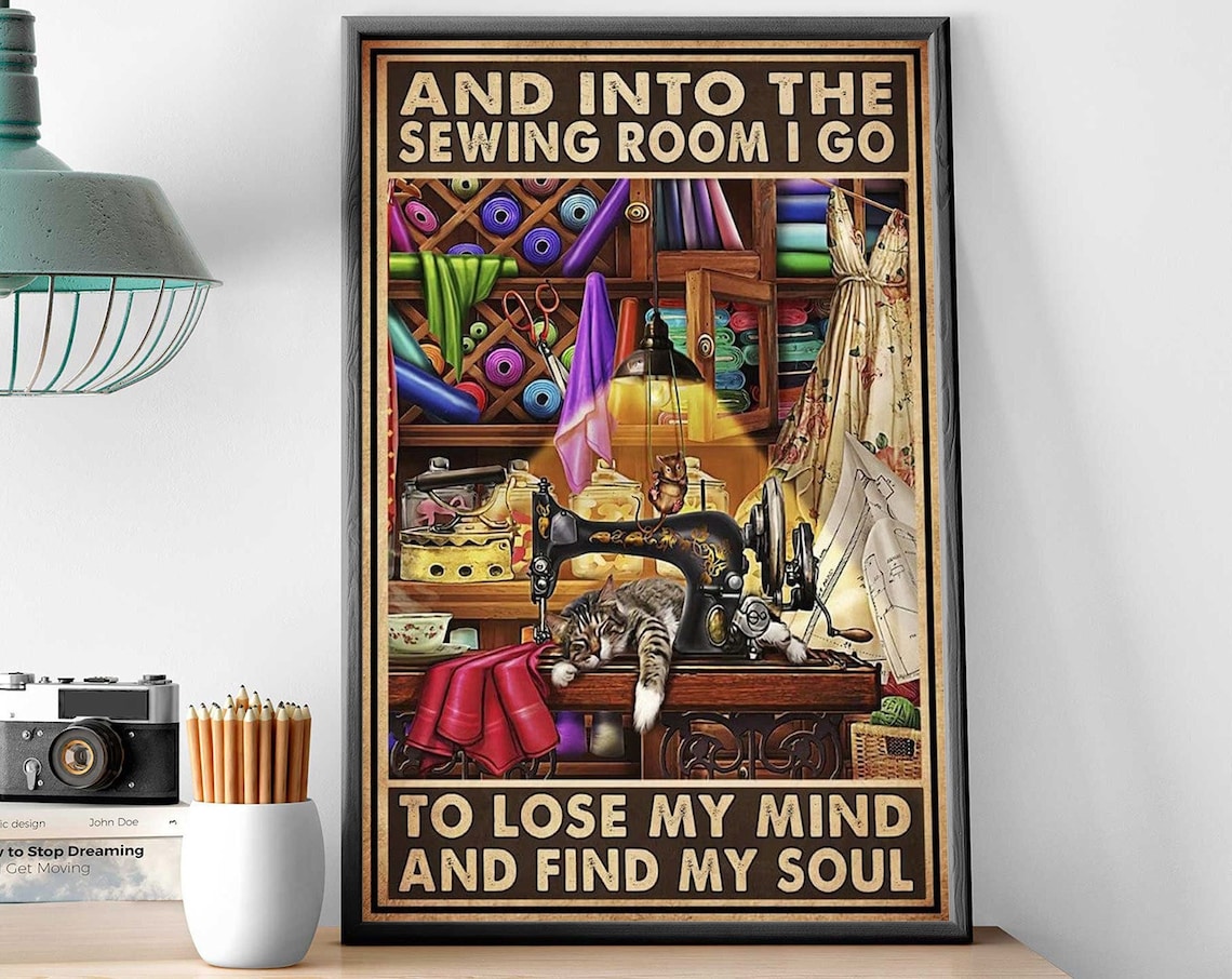 Sewing Machine and Cat Poster, Sewing Room Decor