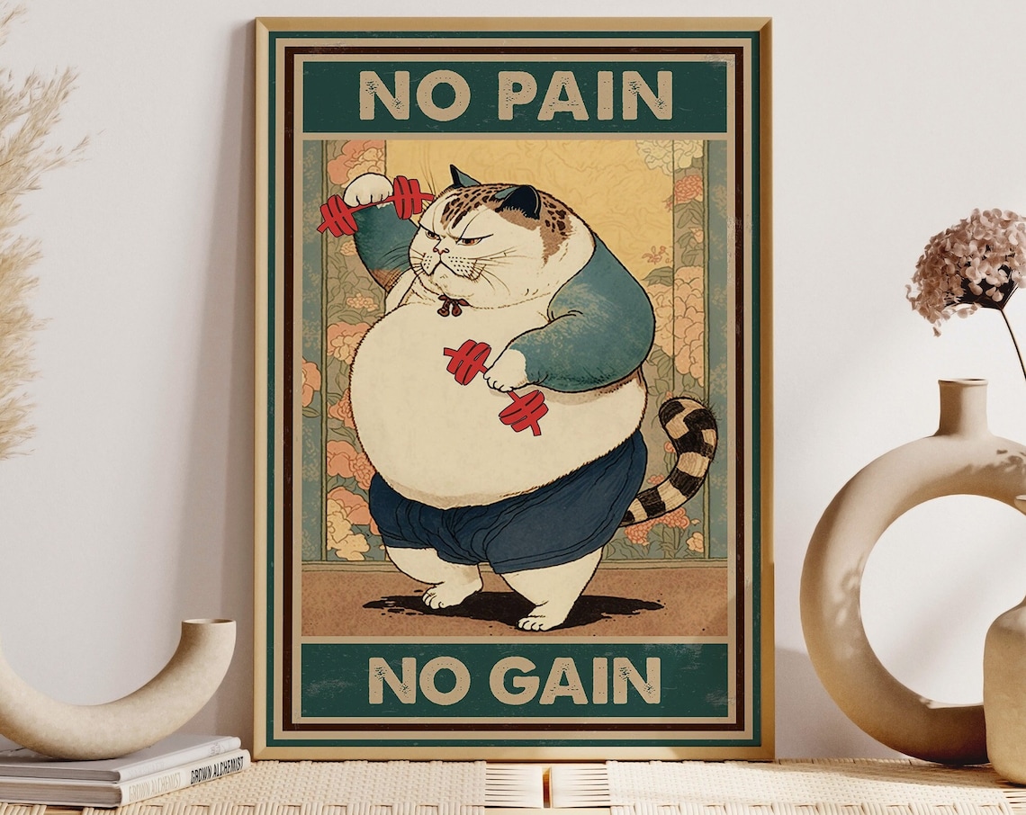 Funny No Pain No Gain Cat Powerlifting Art Print