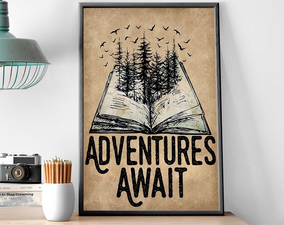 Forest Tree In Book Art Adventure Await Poster Gift For Bookish Girl Love Reading Book Reading Room Girl Decor Book Forest Tree Paper