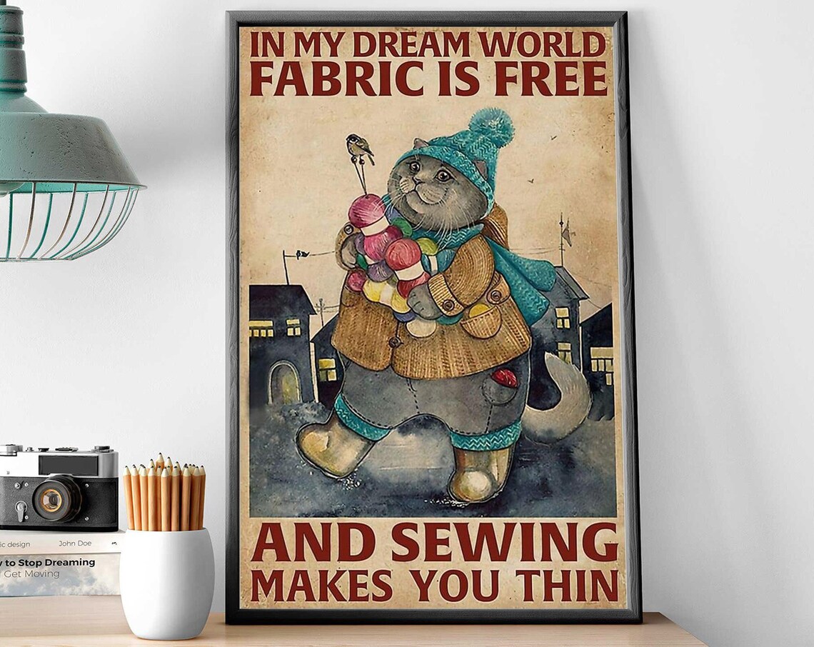 Cat Fabric Sewing Vintage Poster, Home Decor