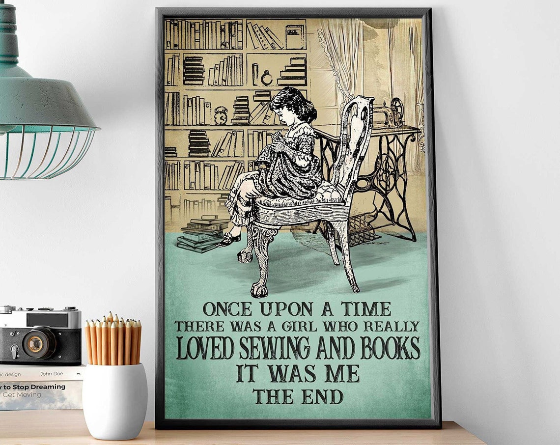 Girl Who Really Loved Sewing And Books Vintage Library Poster