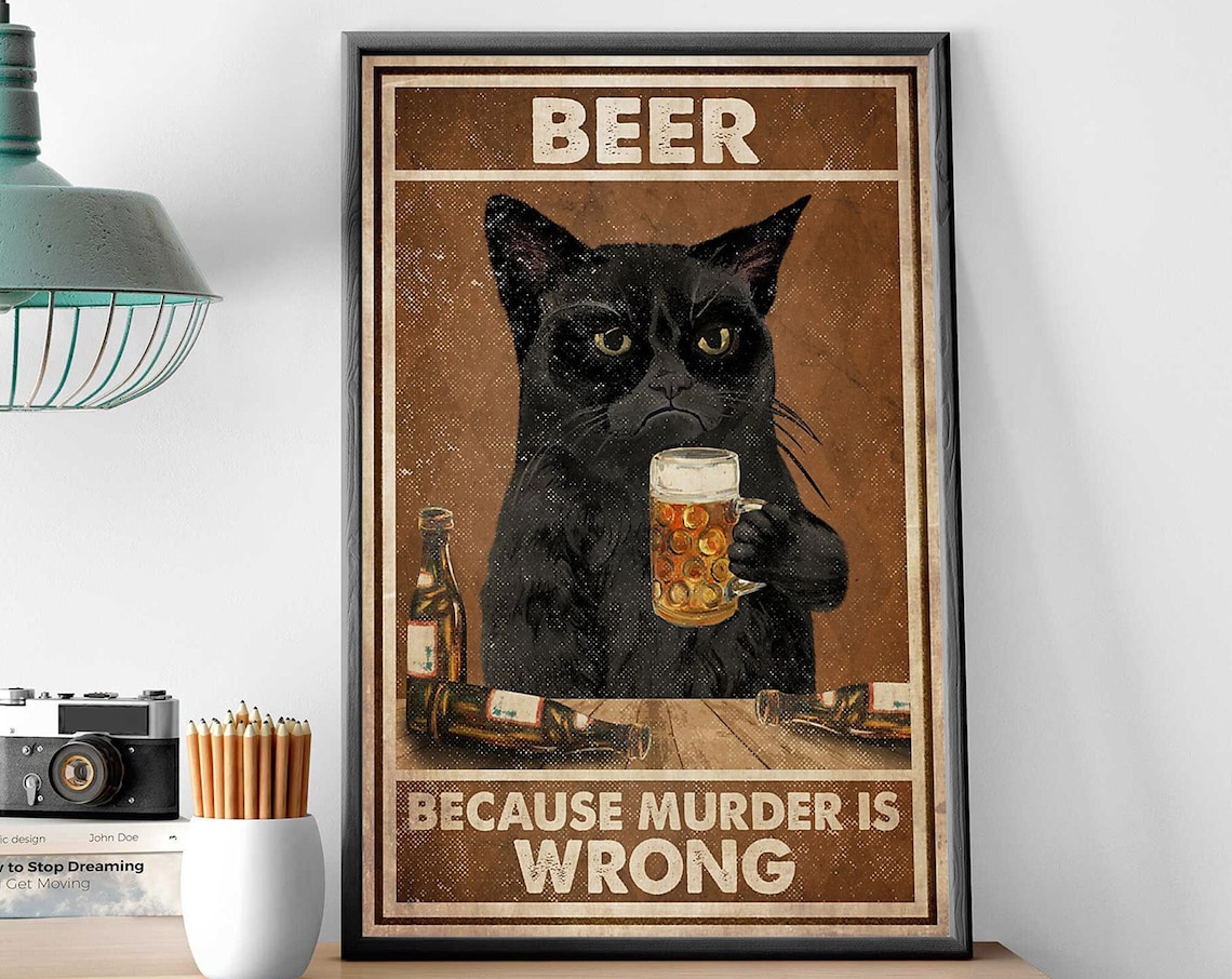 Black Cat Drinking Beer, Funny Humor Wall Poster Print