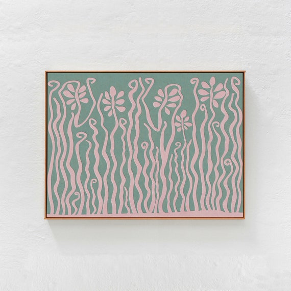 Sage Green And Pink Horizontal Print Wall Art Modern Bohemian Decor Jungle Illustration Eclectic Art A1