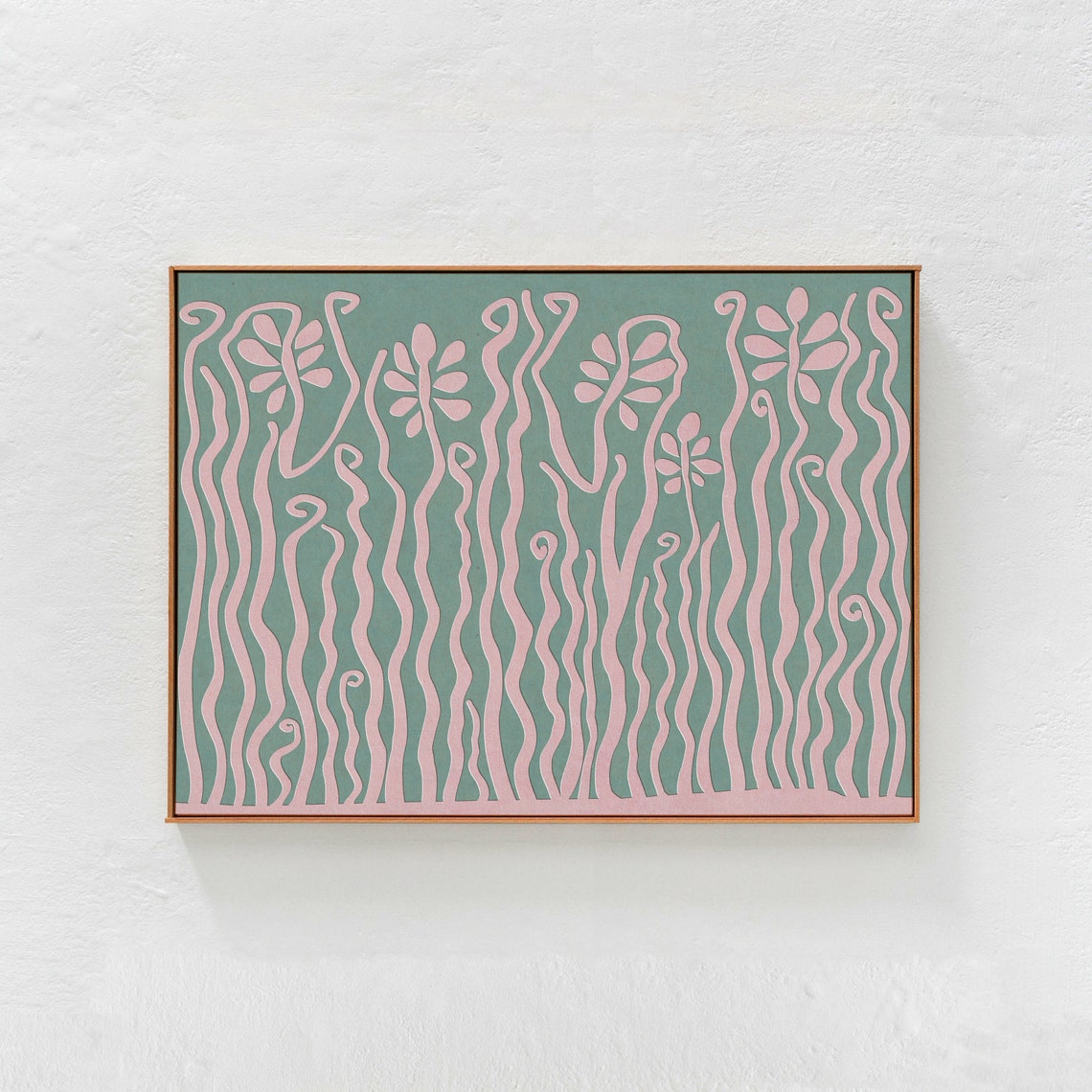 Sage Green And Pink Horizontal Print Wall Art Modern Bohemian Decor Jungle Illustration Eclectic Art A1
