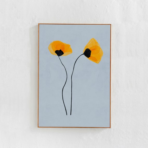 Light Blue Floral Art Print, Yellow Poppies