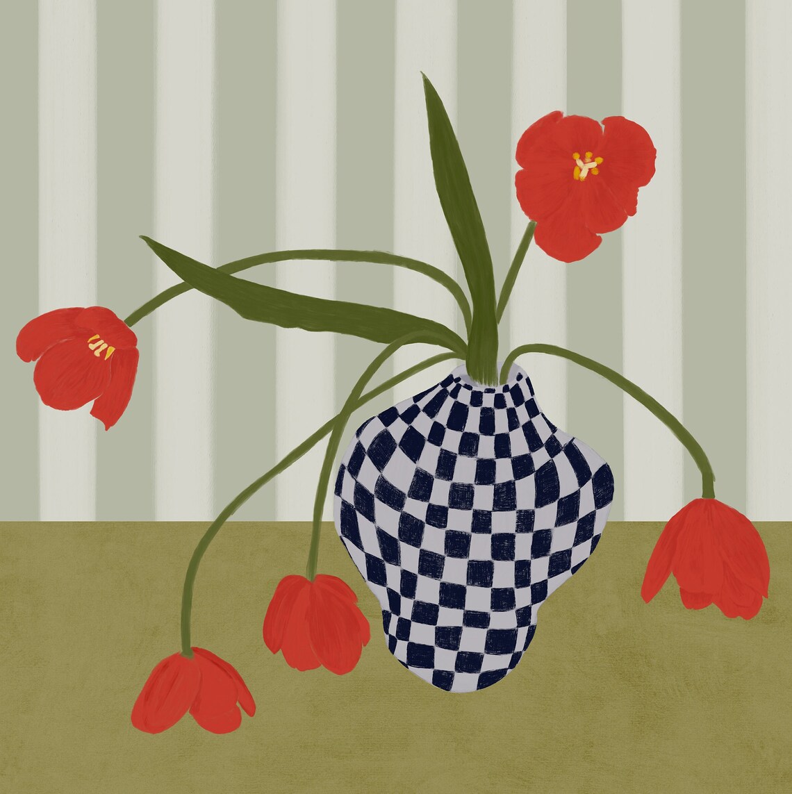 Tulips In A Checkered Vase Art Print, Botanical - Image 2