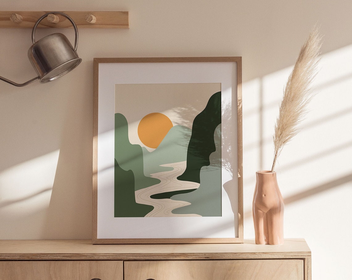 Green Mountains Print Neutral Wall Art Landscape Illustration Boho Art Prints Sunset Wall Decor Mid Century Modern Print - Image 3