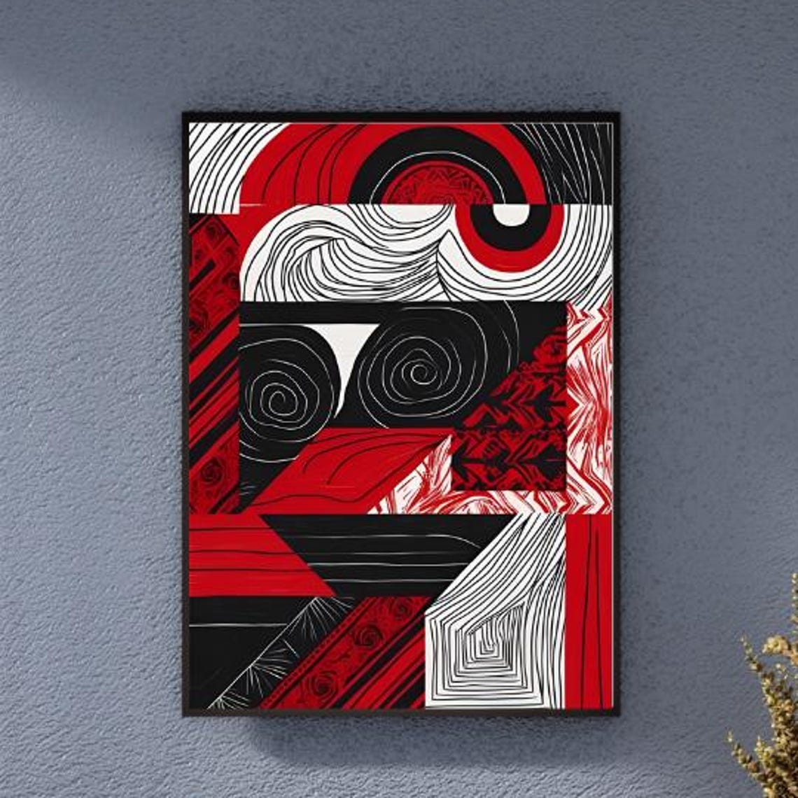 Red Black White Geometric Spiral Circle Block Pattern Art Poster