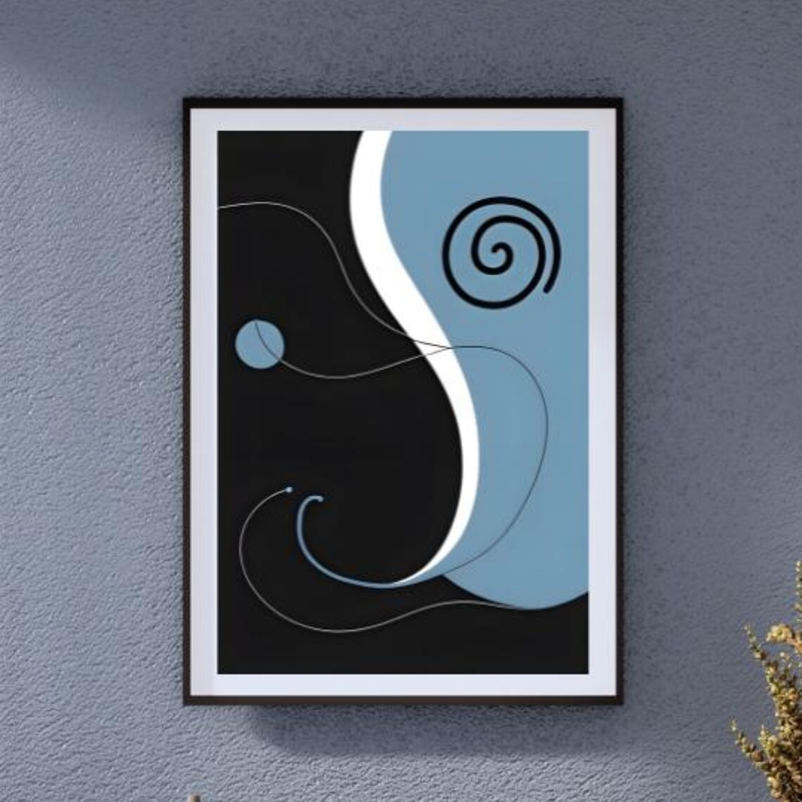 Mid Century Abstract Black Blue White Curve Spiral Wall Poster
