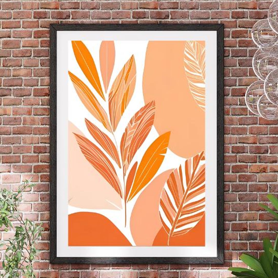 Tangerine Orange Leaves Abstract Botanical Mid Century Warm Art Poster