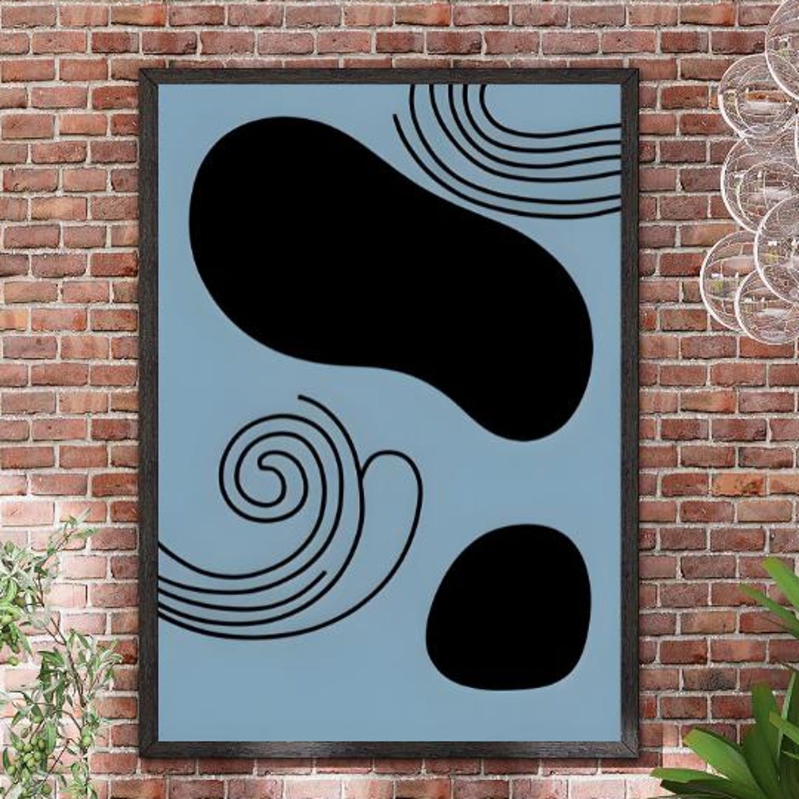 Mid Century Abstract Blue Black Blob Spiral Lines Modern Art Poster