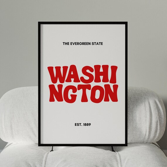 Washington The Evergreen State Retro Red Typography Est 1889 Wall Poster