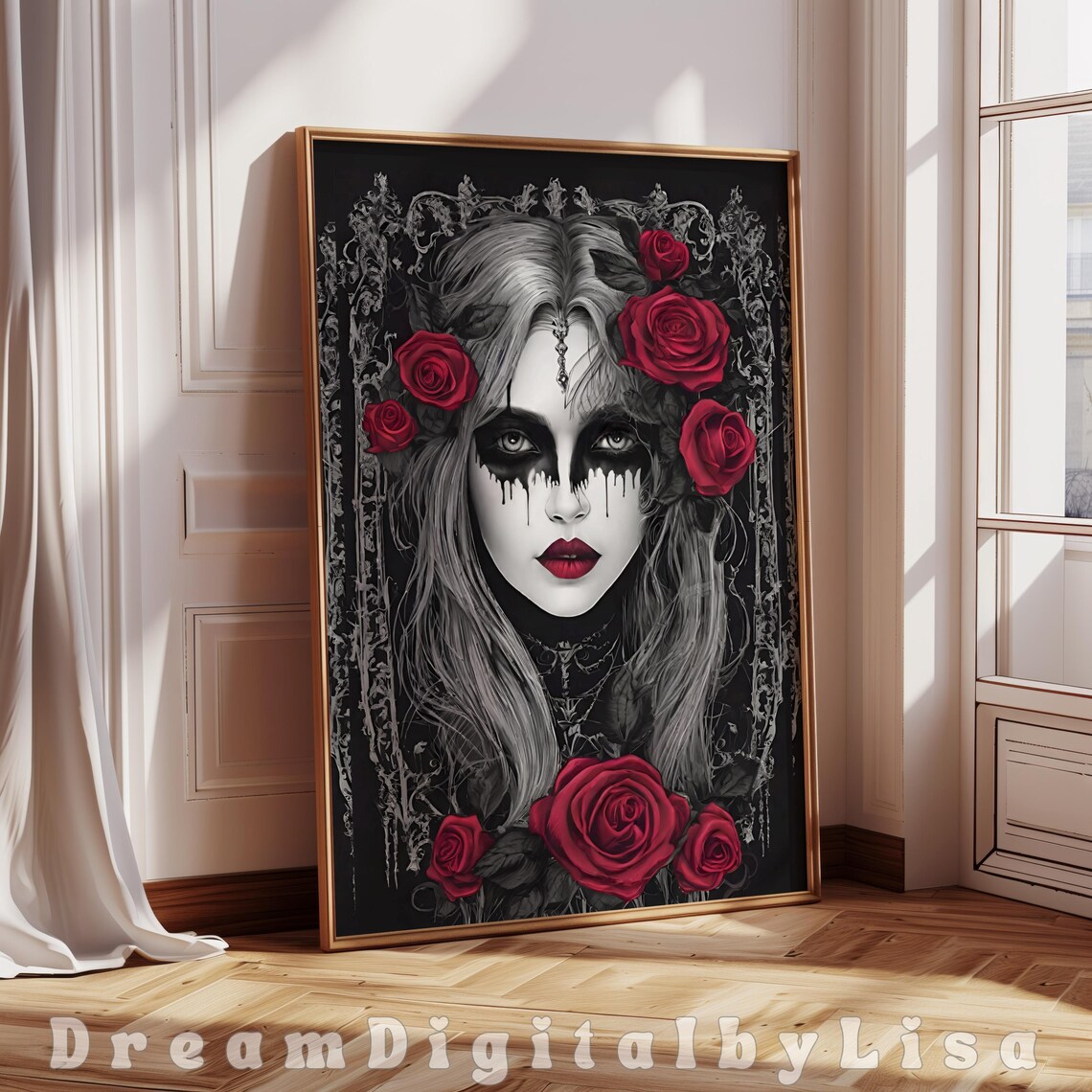 Gothic Woman With Red Rose, Dark Romantic Wall Art Print