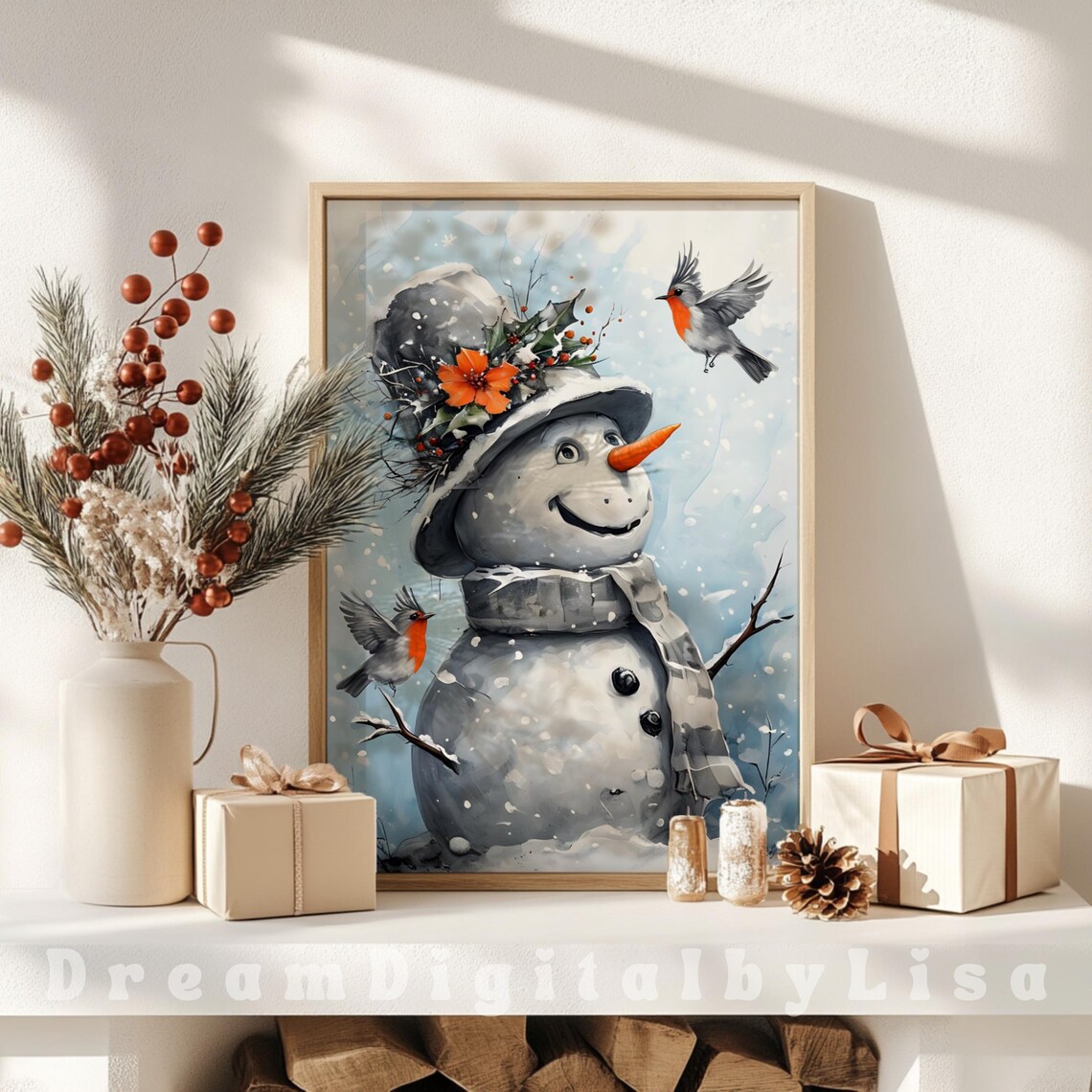 Happy Snowman Abstract Rustic Christmas, Winter Robins