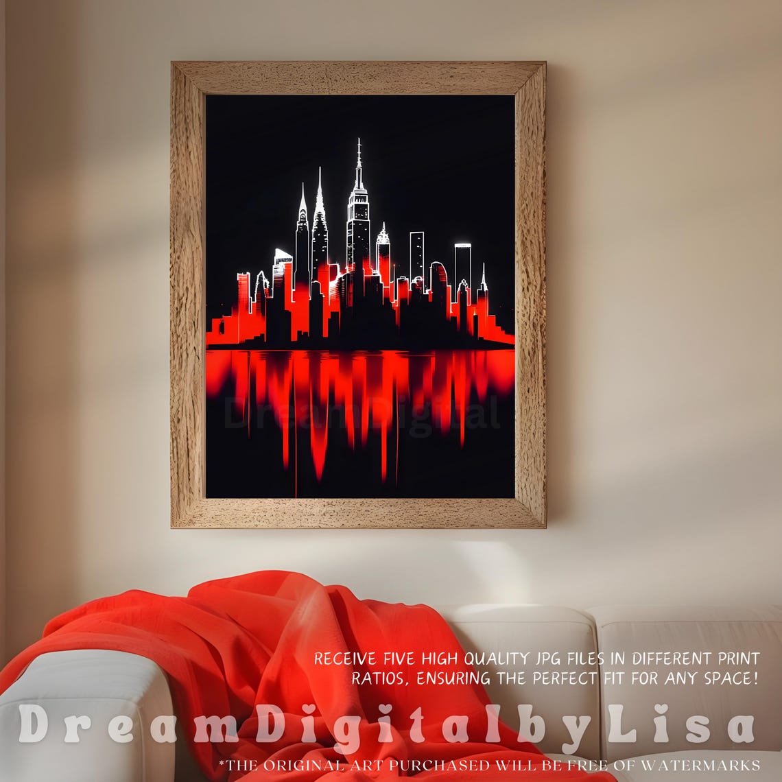 New York City Red Neon Skyline Reflection Black Night Poster - Image 4