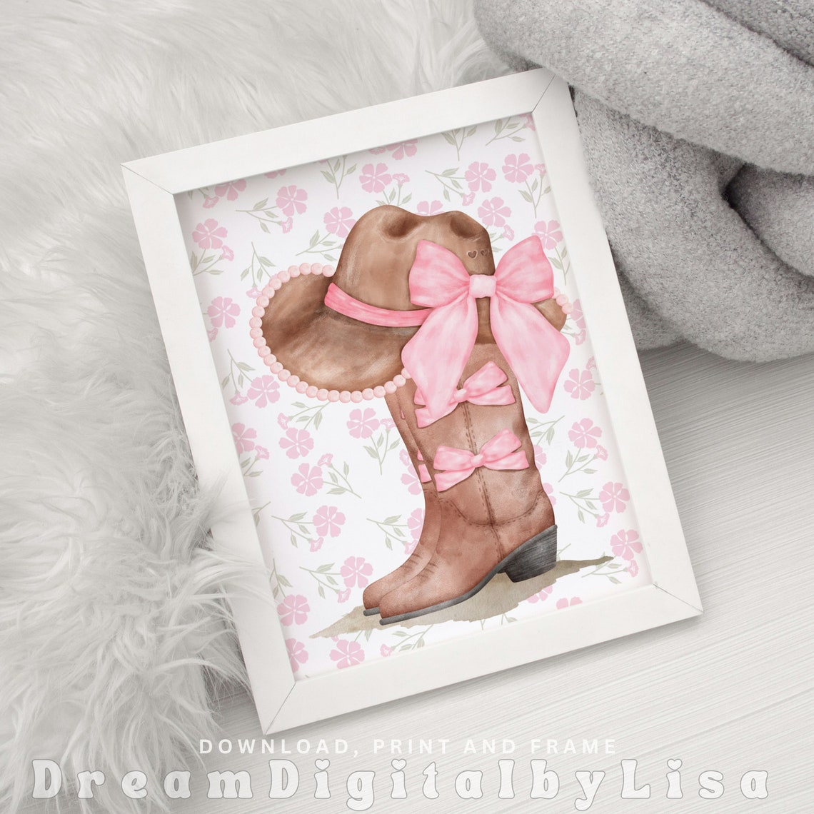 Coquette Cowgirl Watercolour Print Trendy Cowgirl Boots Cowgirl Hat Pink Bows Coquette Aesthetic Western Coquette Bow Art - Image 2