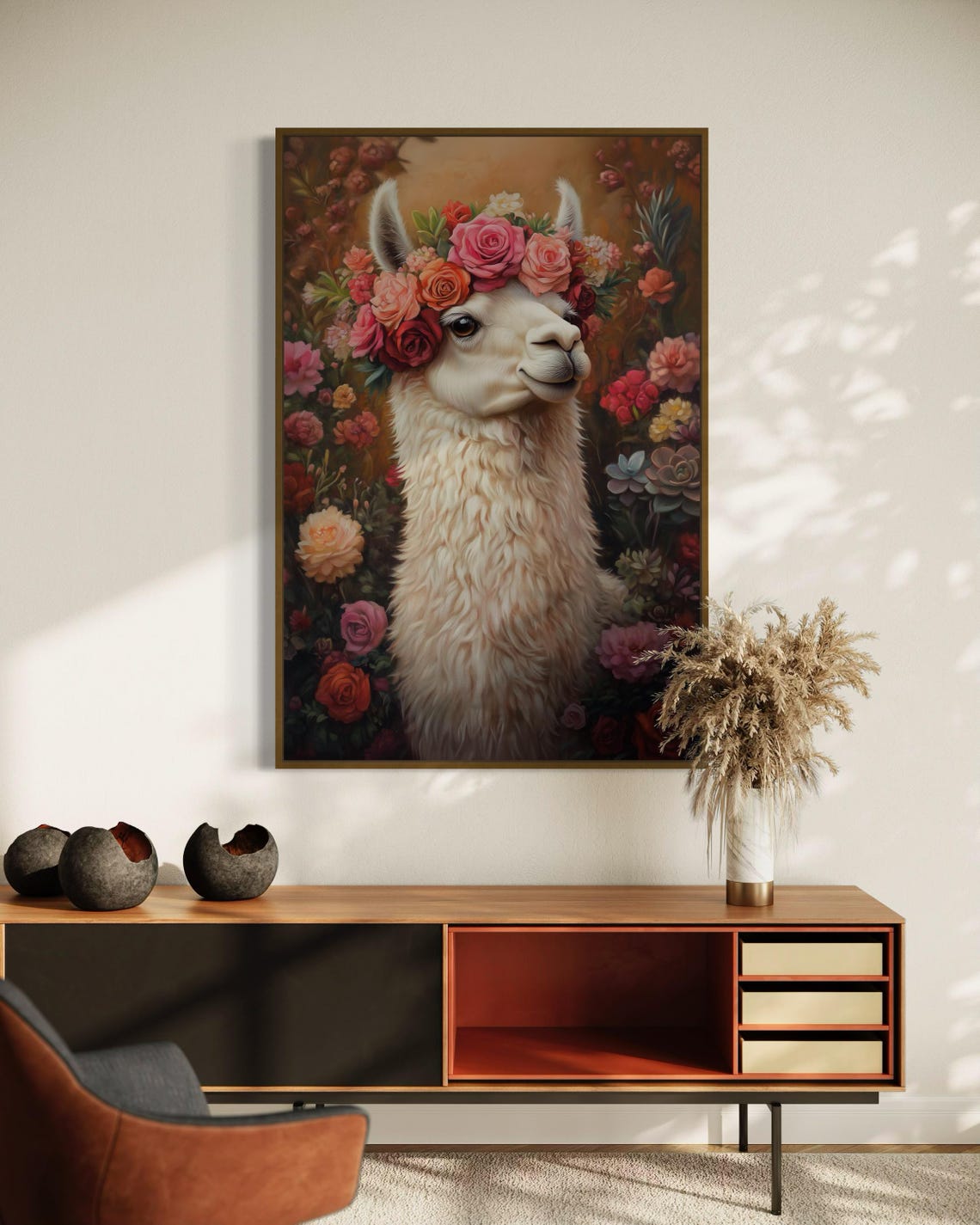 Smiling White Llama Wearing Floral Crown in Blooming Garden Poster - Image 5