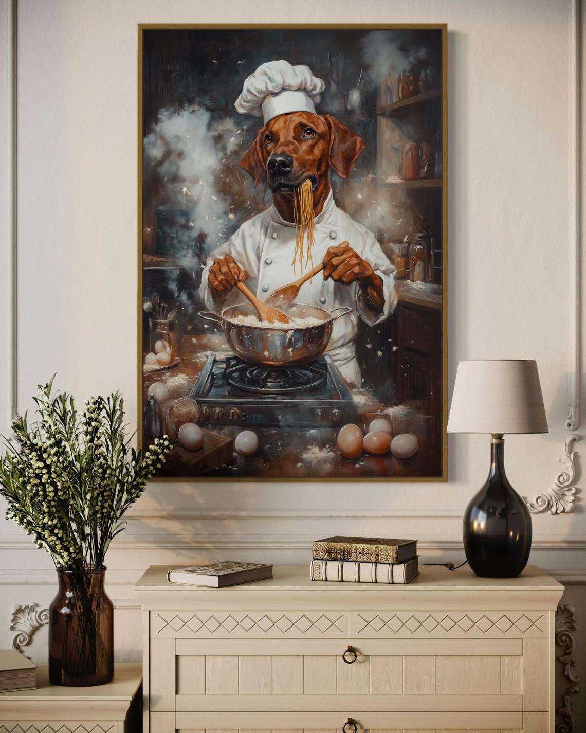 Rhodesian Ridgeback Chef Cooking Spaghetti in Rustic Kitchen Poster - Image 5