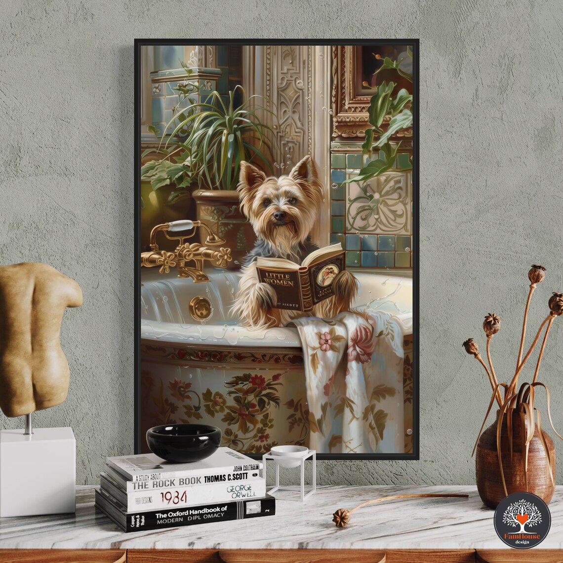 Yorkshire Terrier Reading Little Women Book in Vintage Bathtub Poster - Image 2