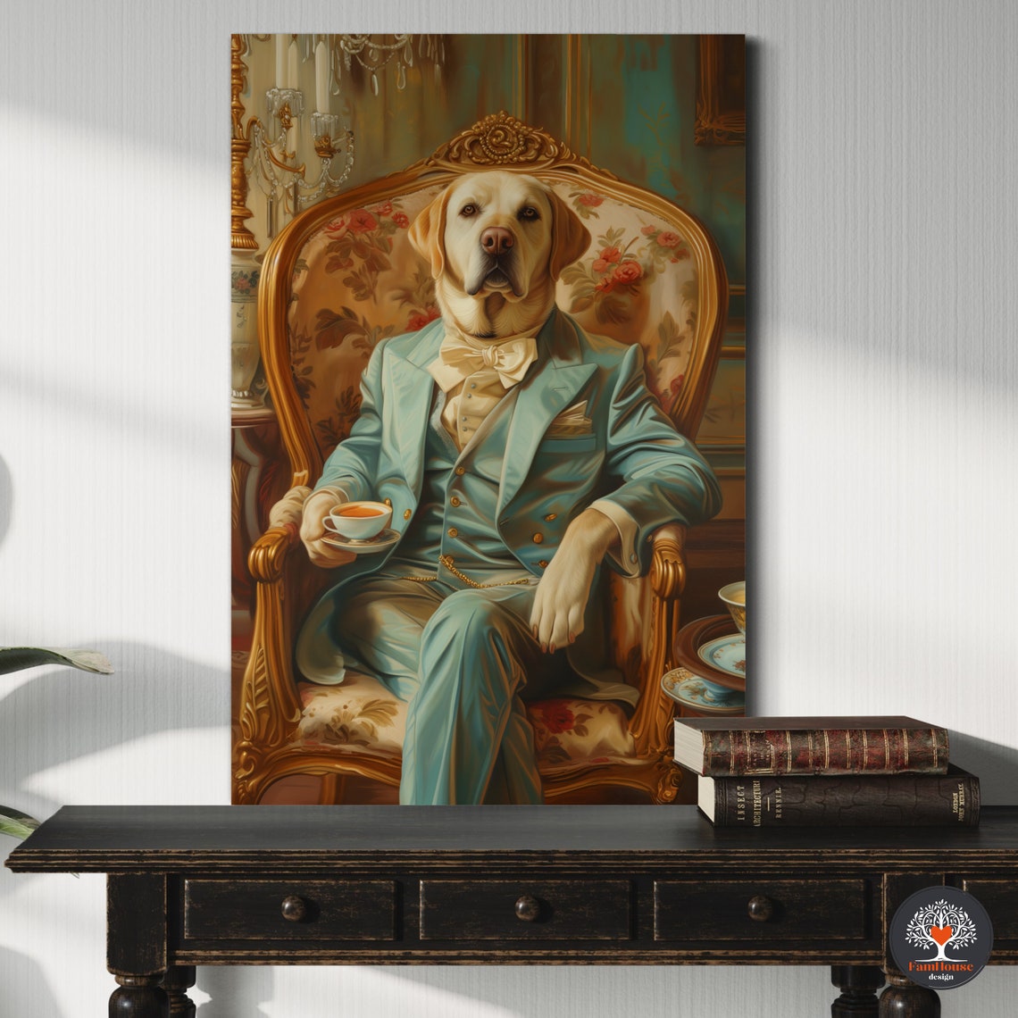 Yellow Labrador Gentleman in Teal Suit Sipping Afternoon Tea Poster - Image 2