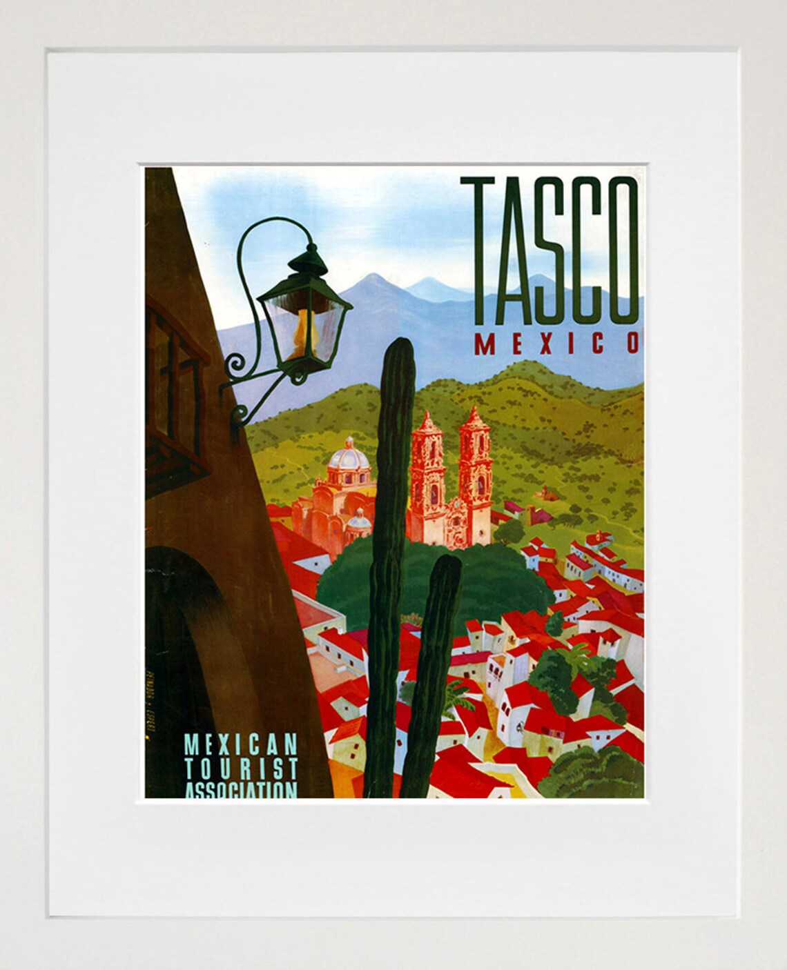 Tasco Mexico Colonial Cathedral Cactus Vintage Travel Poster Art