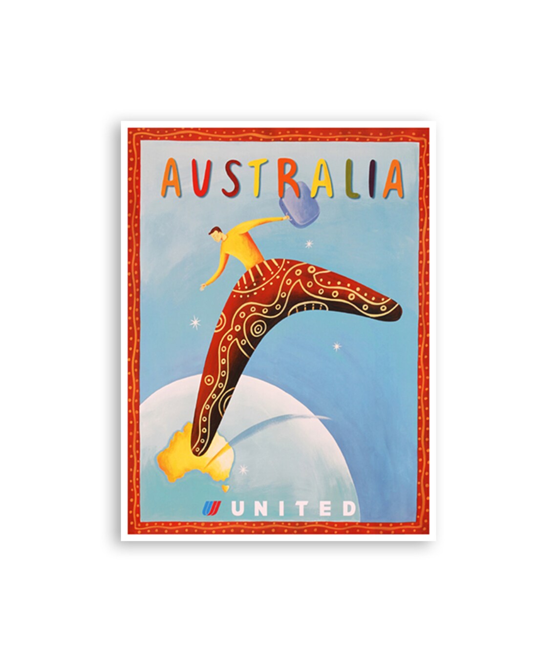 Australia Boomerang Aboriginal Dot Art United Airlines Poster
