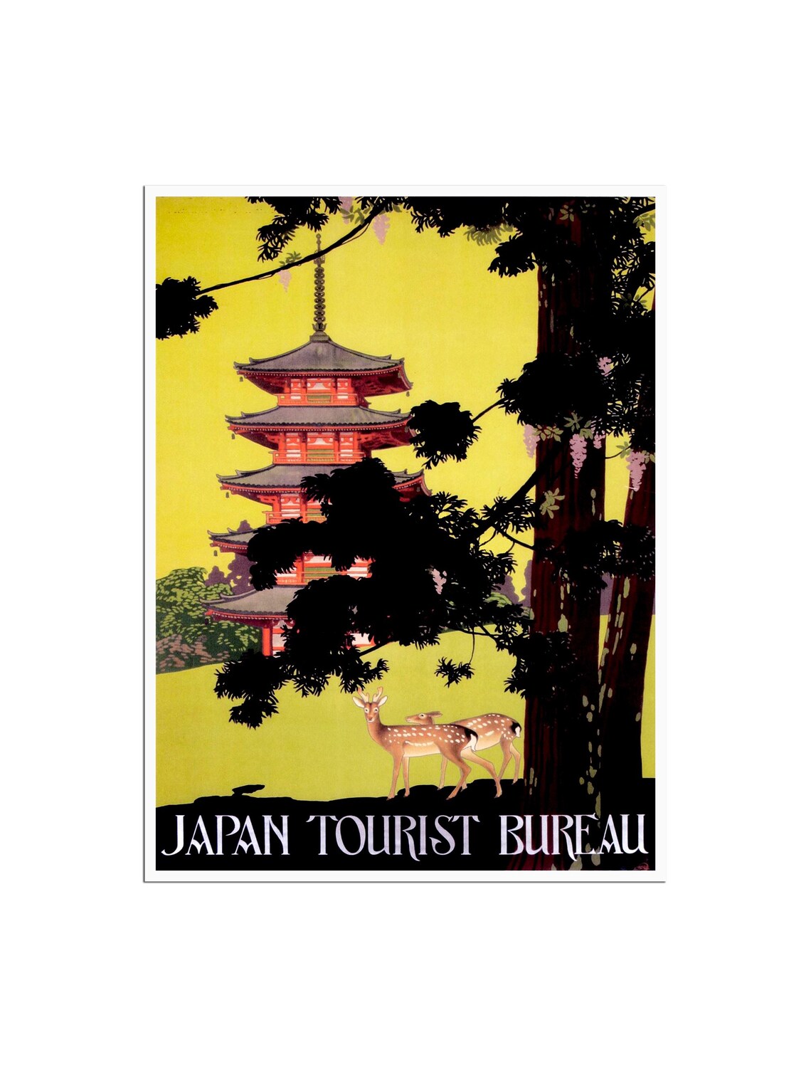 Japan Tourist Bureau Vintage Pagoda Deer Wisteria Travel Poster