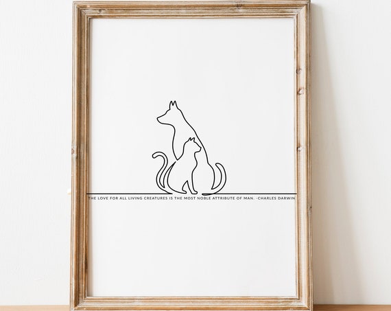 Cat Dog Line Art Print, Minimalist Animal Lovers
