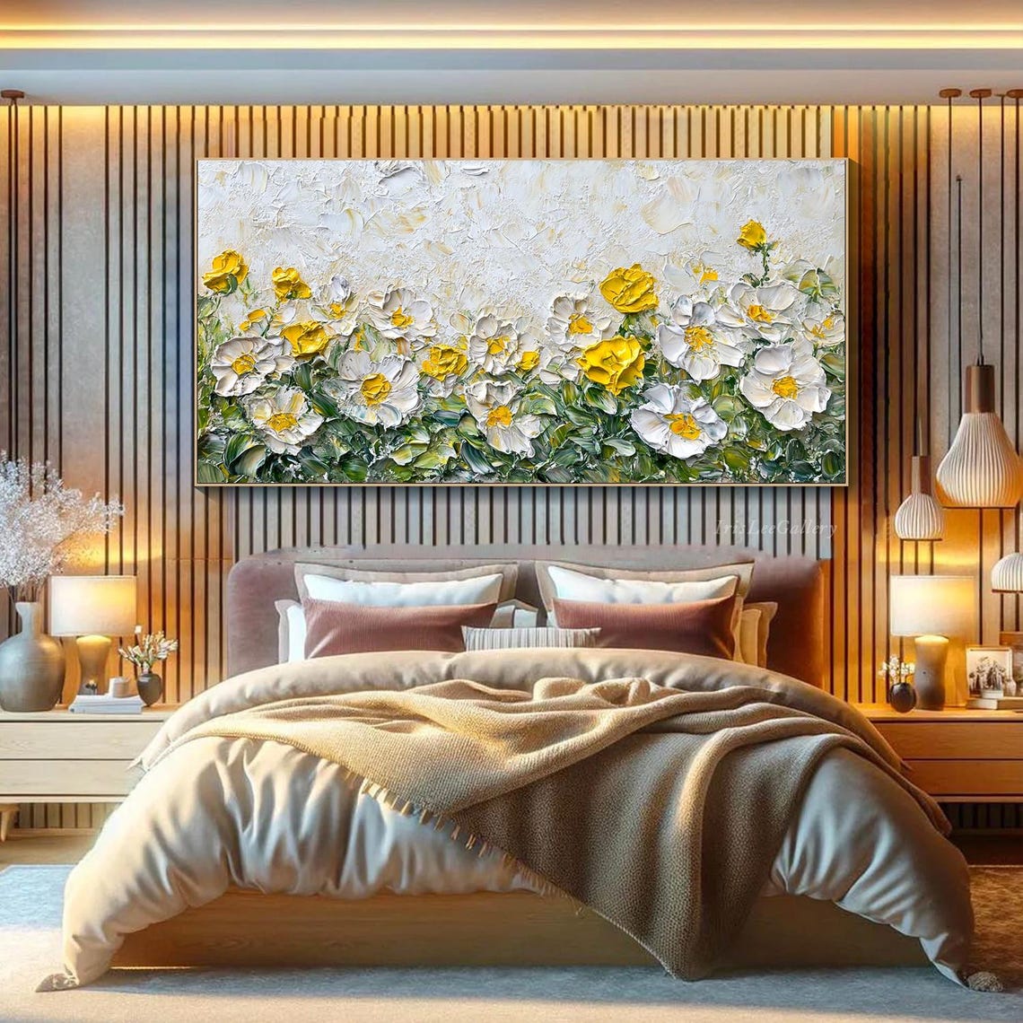White Yellow Wildflower Bloom Bouquet Impasto Painting Wall Art - Image 2