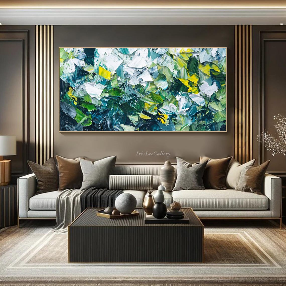 Green White Yellow Abstract Palette Knife Impasto Nature Art Poster - Image 3