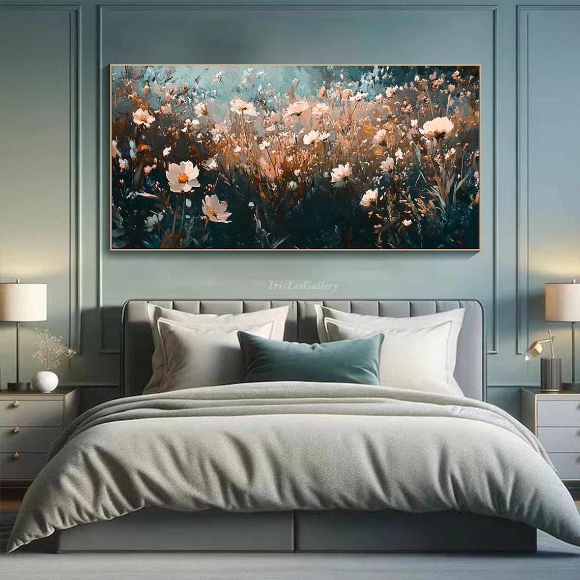White Blush Wildflower Meadow Deep Teal Textured Floral Art Poster - Image 2