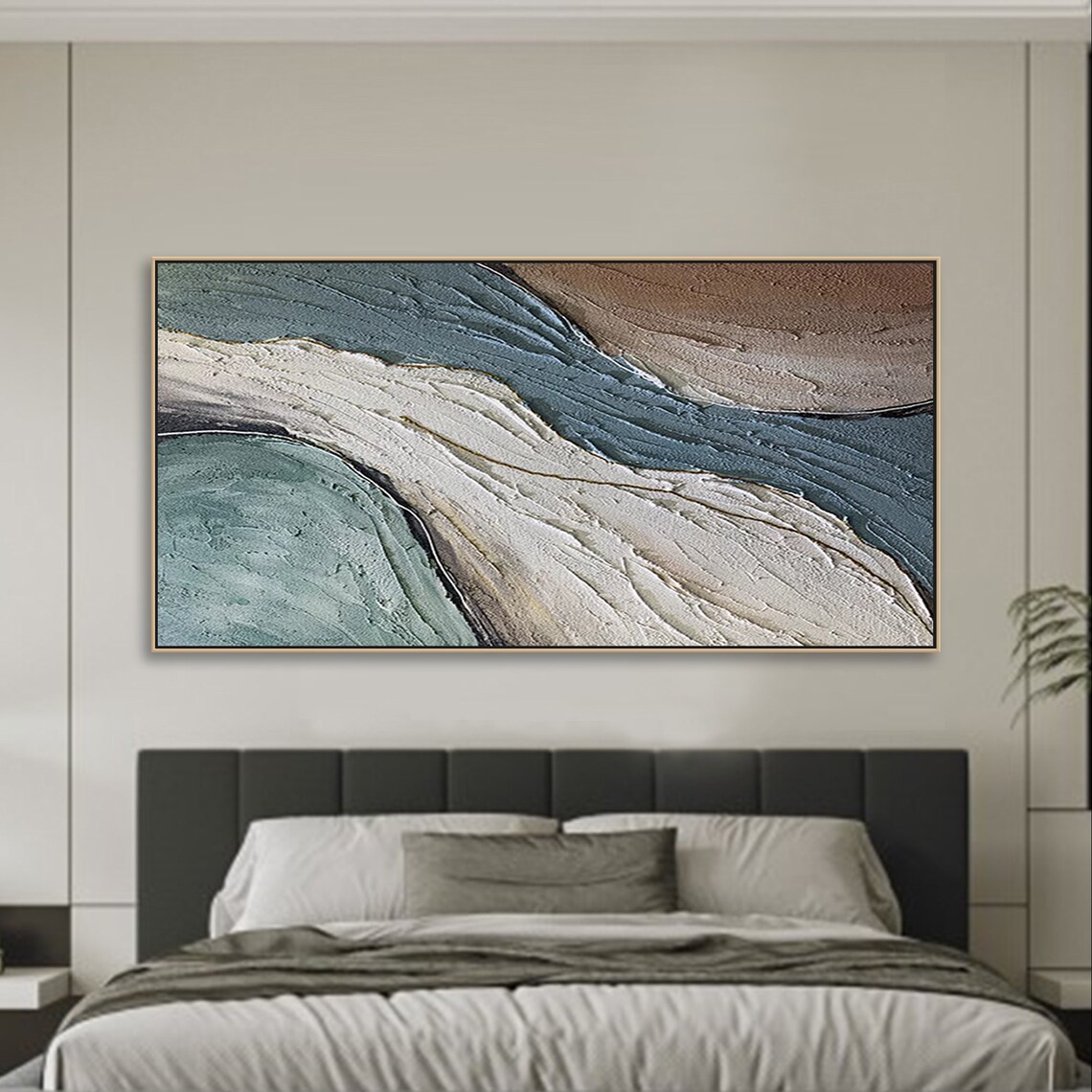 Teal Green Ivory Abstract Wave Textured Wabi Sabi Coastal Art Poster - Image 2