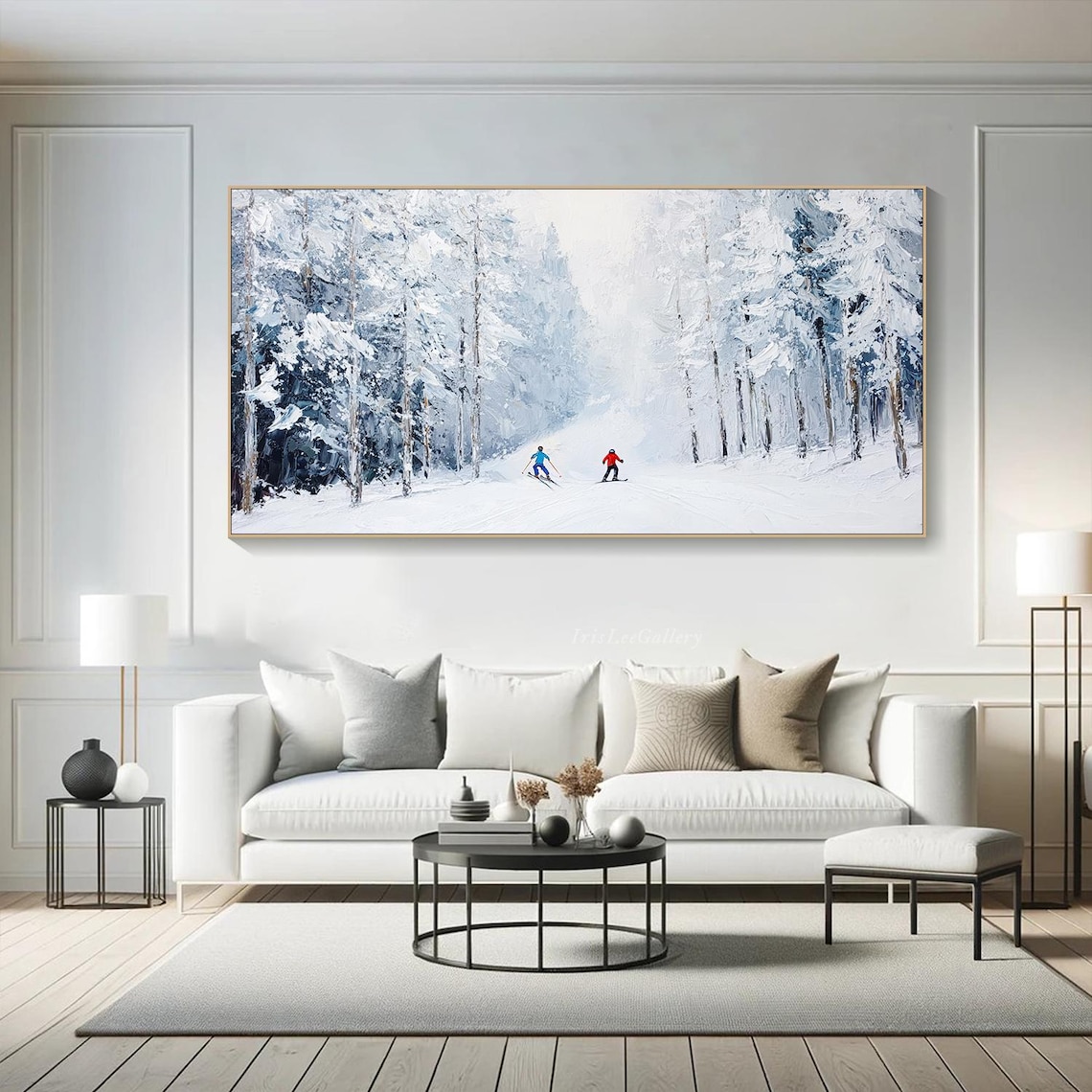 Snowy Pine Forest Ski Trail Two Skiers Winter Painting Wall Art - Image 3