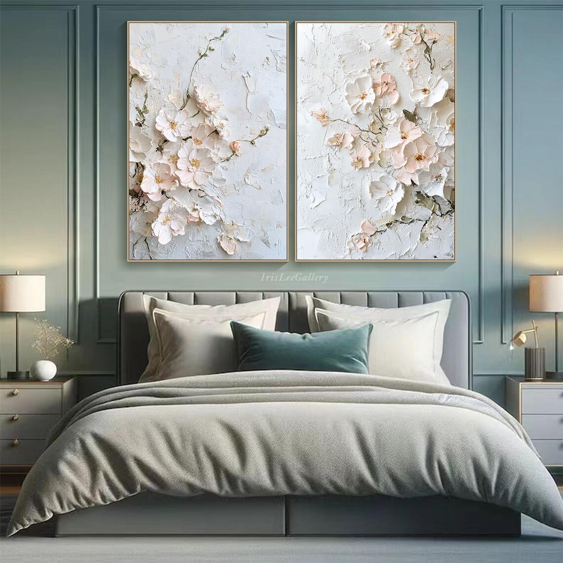 3D Textured Floral Diptych Wall Art Print, Neutral Tone - Image 4