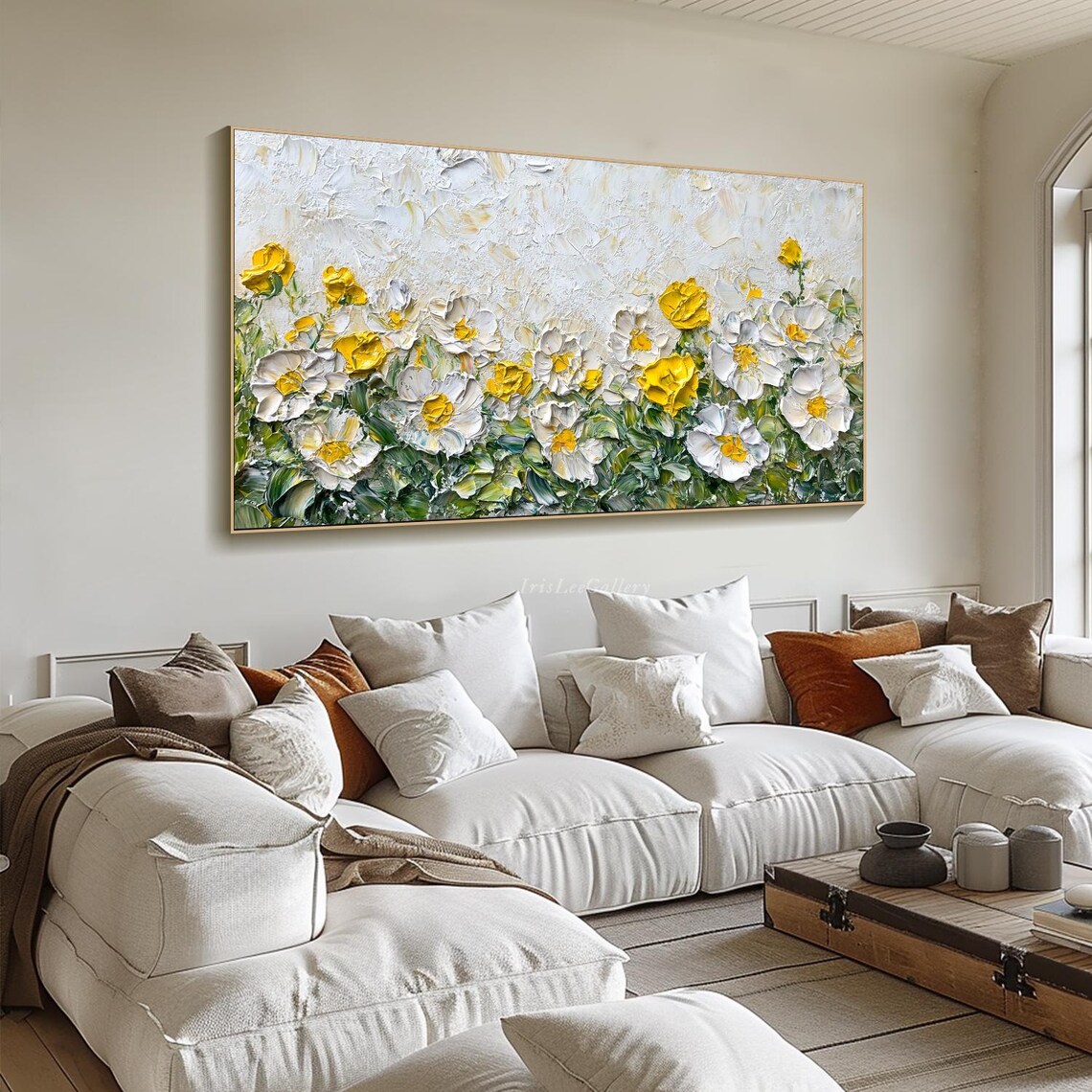 White Yellow Wildflower Bloom Bouquet Impasto Painting Wall Art - Image 4