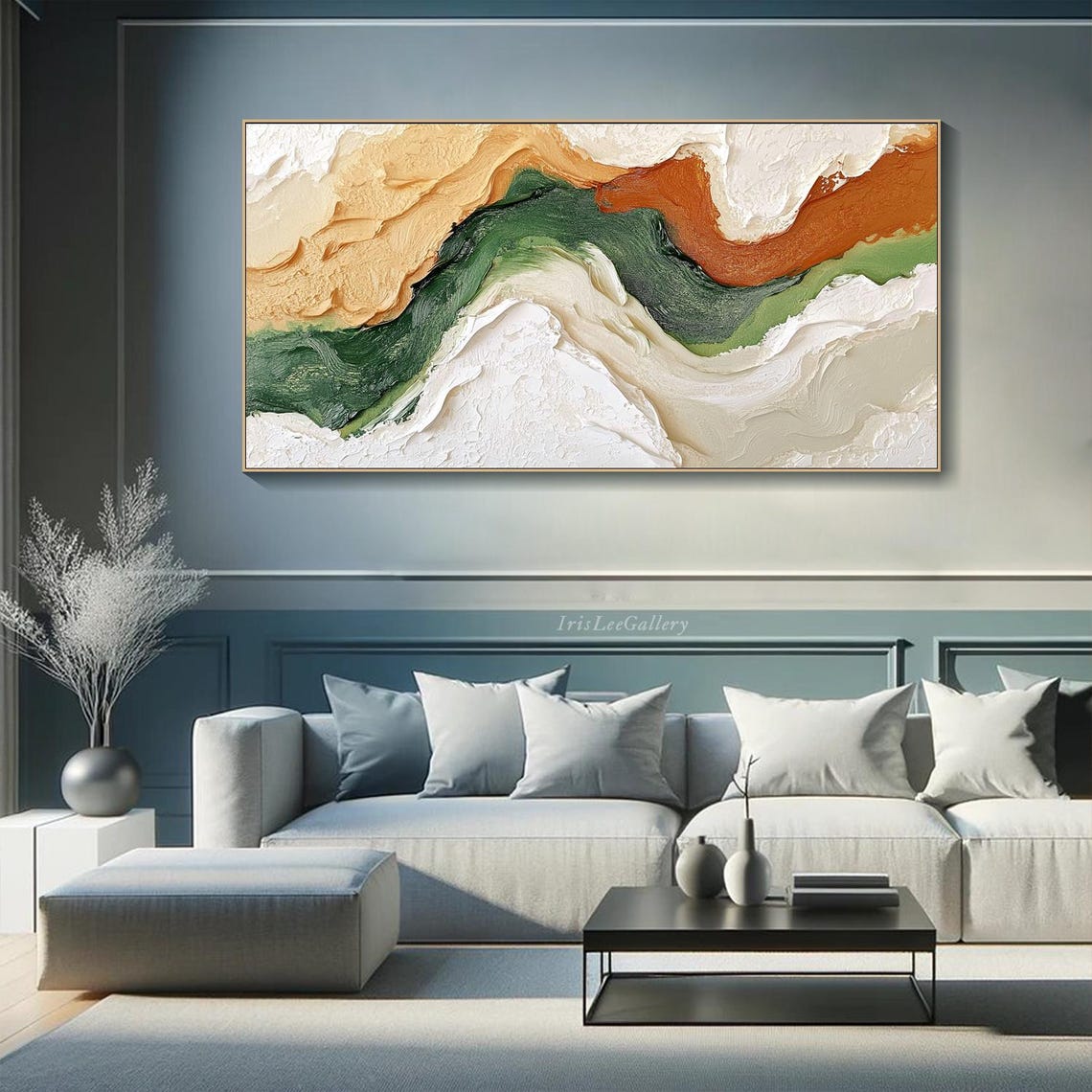 Green Orange Cream Abstract Ribbons Earth Tone Textured Art Poster - Image 2