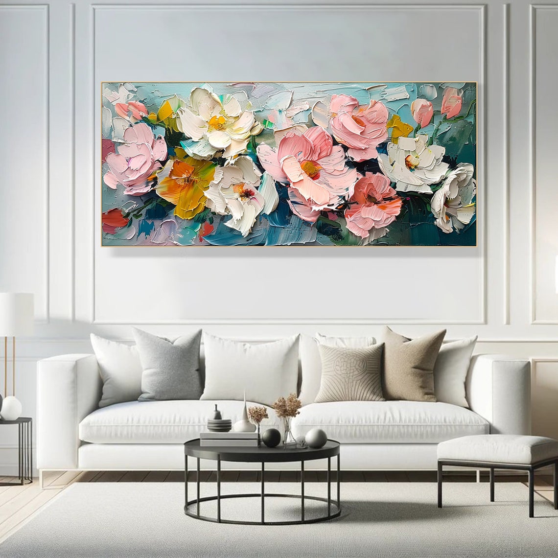 Colorful Peony Blooms Pink White Orange Impasto Floral Art Poster - Image 2