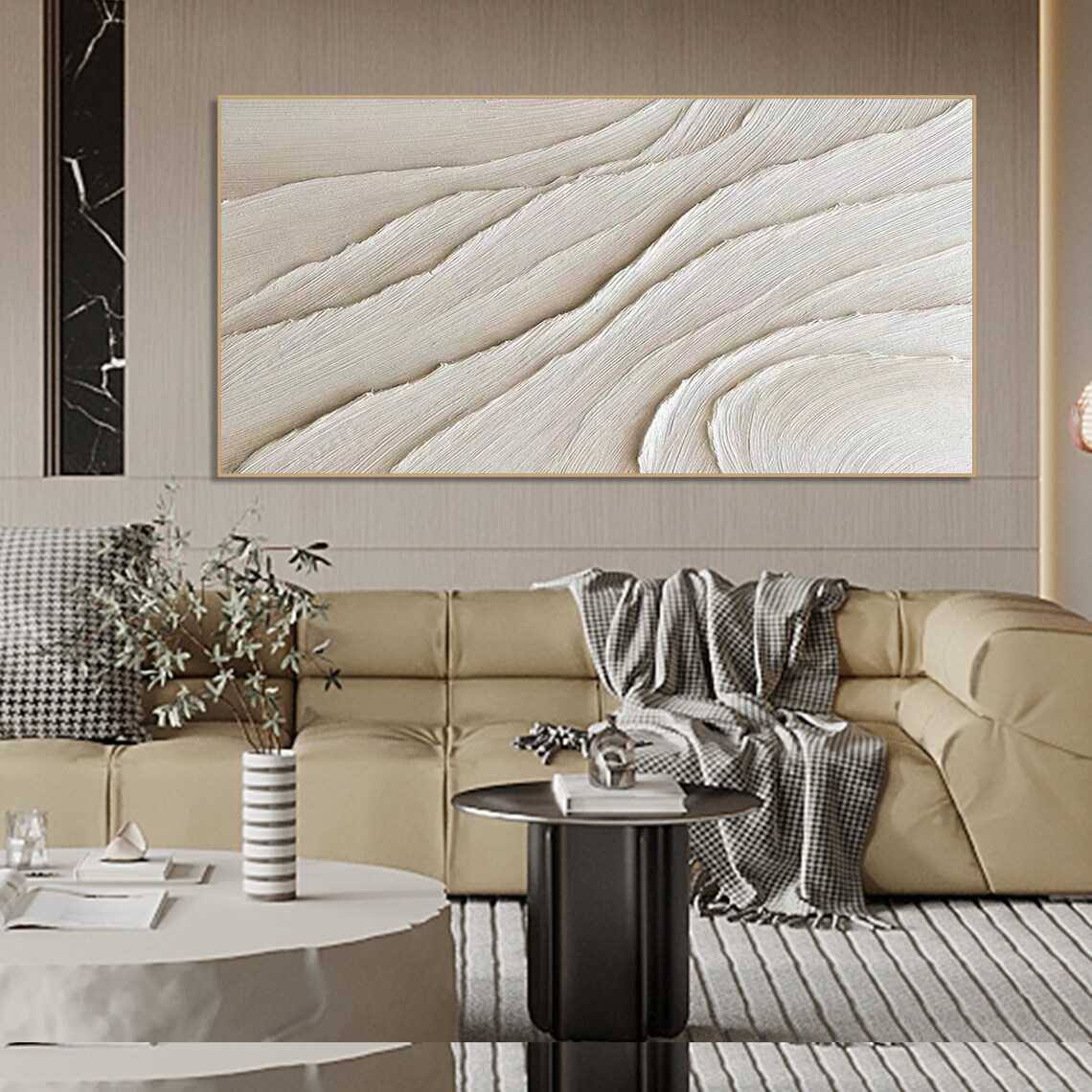 3D Ivory Minimalist Painting, Wabi Sabi Living Room Art