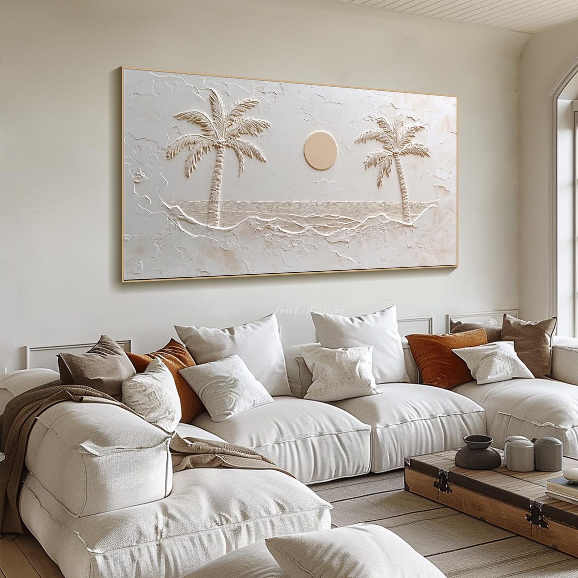 White Palm Tree Sun 3D Plaster Relief Coastal Wabi Sabi Wall Art - Image 4