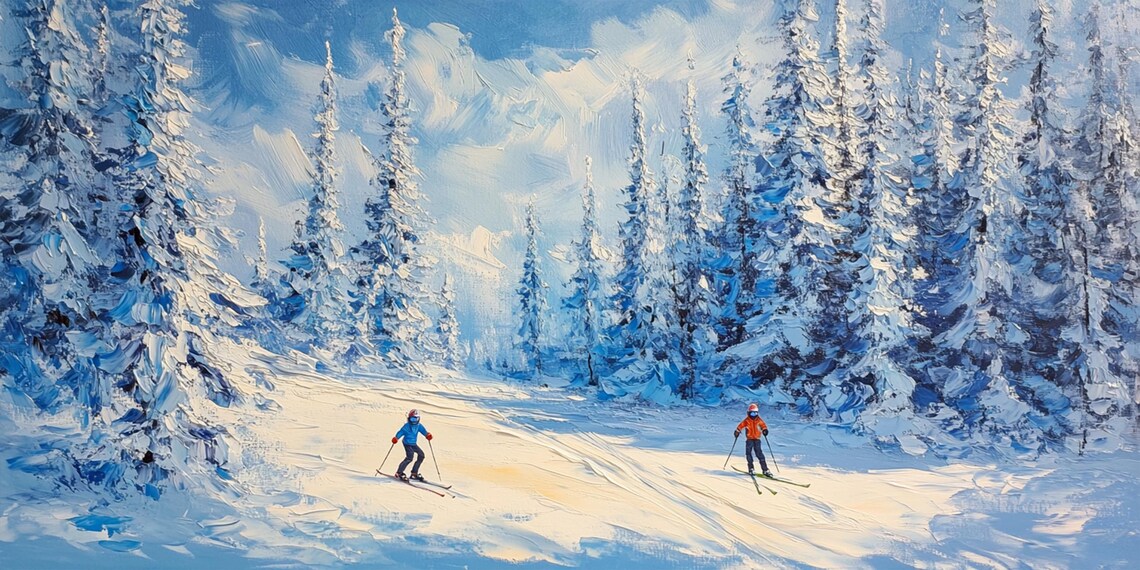 Skiers Gliding Through Snowy Pine Forest Winter Wonderland Art Poster - Image 2