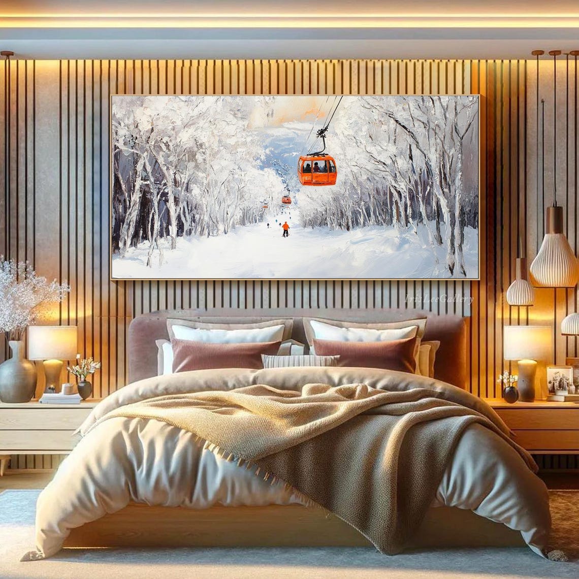 Orange Cable Car Over Snowy Forest Skier Winter Painting Wall Art - Image 3
